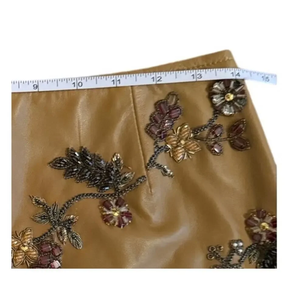 Escada Hand-Beaded Lamb Nappa Leather A-Line Skirt Camel EU 38/US 4 - Picture 4 of 6